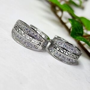 Silver Greek Key with Zirconia Hinge Hoop Earrings
